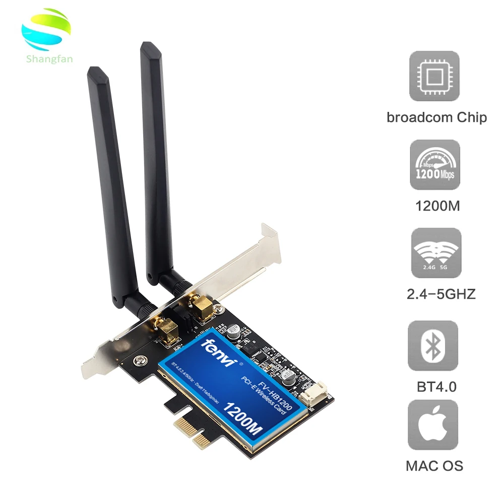 

Desktop Dual band 1200Mbps Bluetooth 4.0 PCI-E Wireless WiFi Adapter 802.11ac Broadcom Wifi Card WLAN For MAC Hackintosh Windows