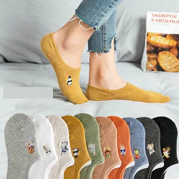 

Embroidery lovely Animal Socks Female Cotton Summer Season Shallow Mouth Socks Thin Section Silica Gel Non-slip Japanese