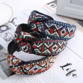 

Haimeikang Fashion Hair Accessories Head Hoop Fabric Cross Knotted Ethnic Style Bezel Headdress Retro Embroidered Hairband