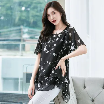 

Large size women chiffon blouse 2020 summer irregular print Double layer casual tops cool blouse for ladies