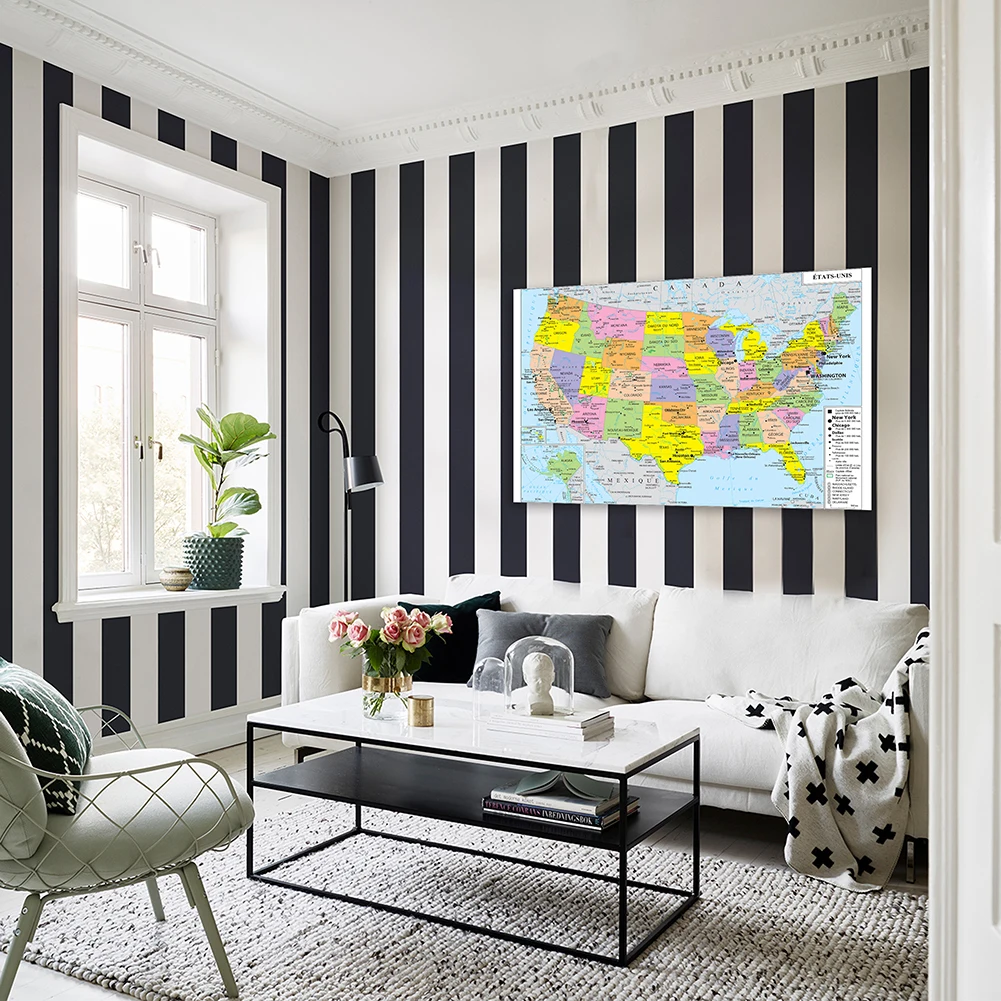 The United States Political Map America Map Wall Poster 150*100cm Non-woven Canvas Painting School Supplies Home Decor In French world map poster