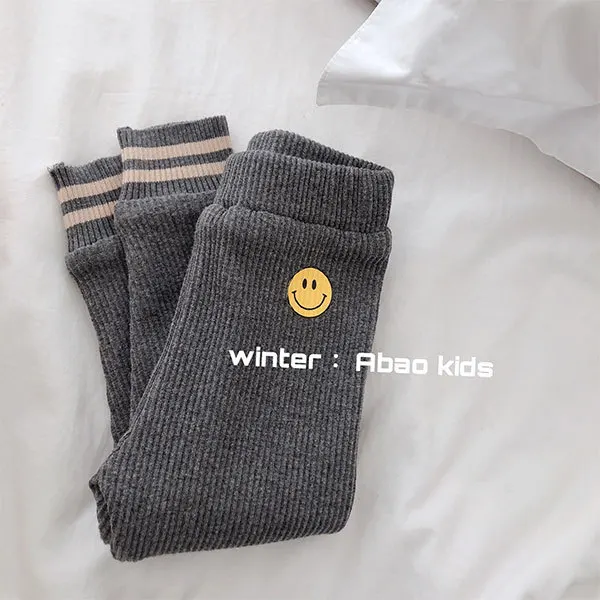 Winter Girls Smiling Face Pit Flannel Underpants Toddler Kids Knitted with Velvet Basic Cotton Leggings Children Trousers