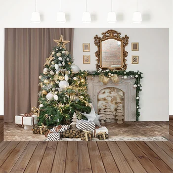 

Christmas Photography Backdrops Christmas Tree Fireplace Gift Mirror Indoor Backdrop Family Party Props Seamless Background