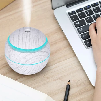 

New 130Ml Mini Electric Air Humidifier Usb Charge Aroma Diffuser Ultrasonic White Wood Grain With 7 Color Led Light For Home