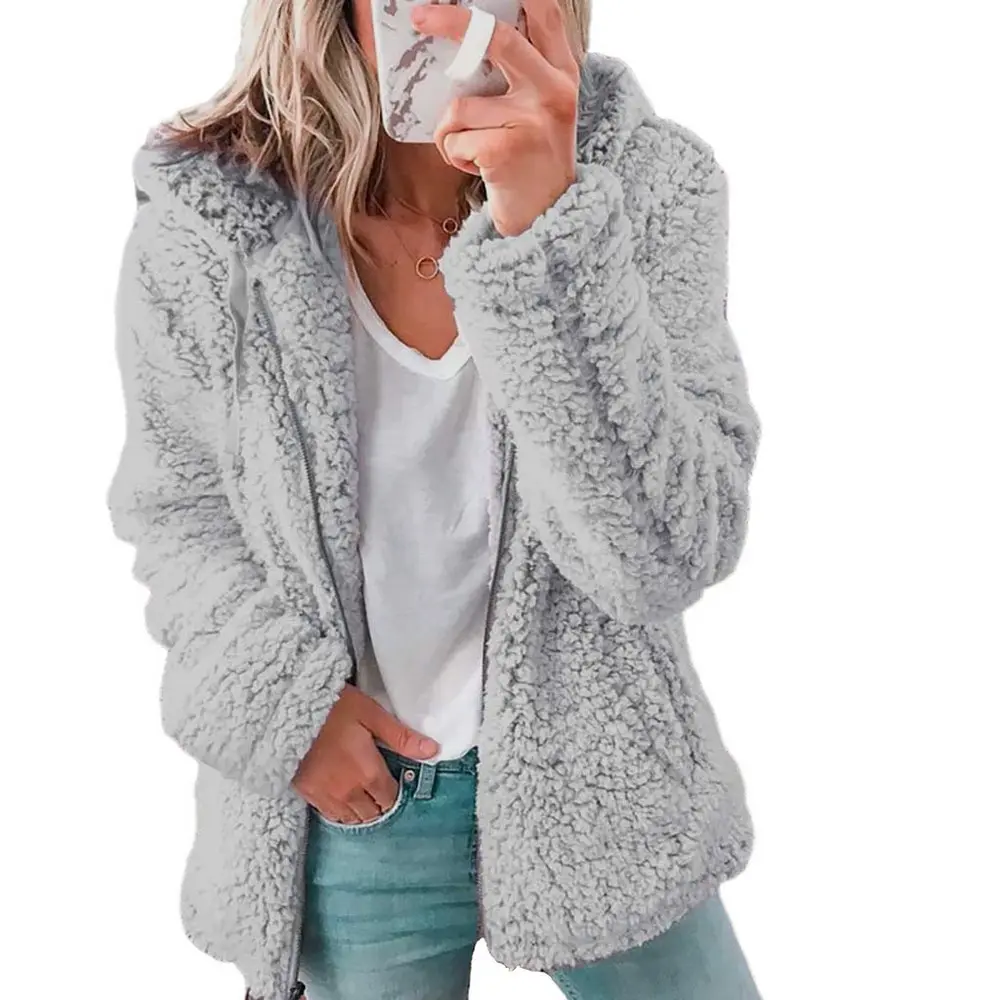 Women Autumn Winter Jacket Female Coat Causal Soft Hooded Fleece Plush Warm Plus Size Faux Fur Fluffy Zipper Top Sudadera