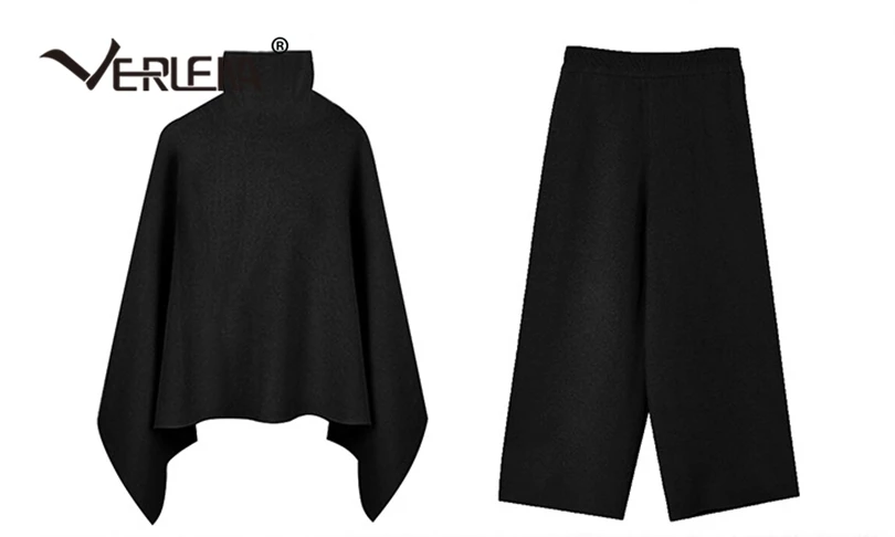 Black Set Verlena/Новые Осенние широкие брюки с эластичной резинкой на талии, однотонные черные элегантные трикотажные шерстяные брюки до щиколотки, уличная одежда - Цвет: Black Set