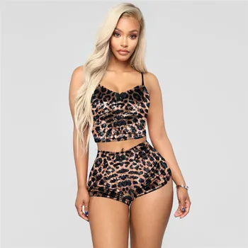 

Women's Leopard Pajamas Set Home Suit Top+Shorts Sexy V-Neck Sleeveless Satin Lace Sleepwear Pijama Home Clothes for Women 2020