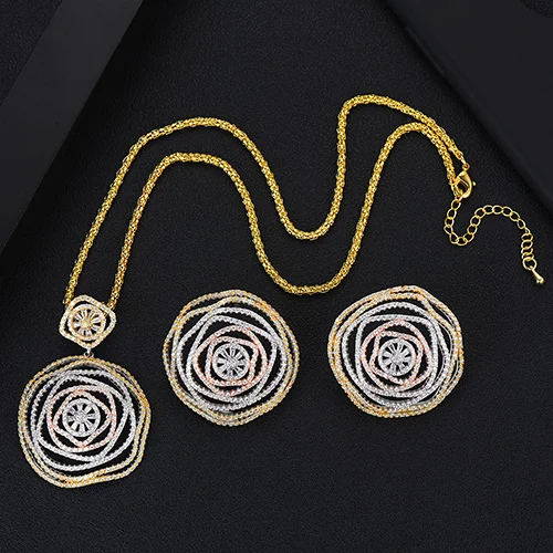 missvikki 2PCS Hot Luxury Dubai Bridal Wedding Round Pendant Earrings Necklace Jewelry Set Super CZ New Design Fashion Jewelry - Окраска металла: Tricolor