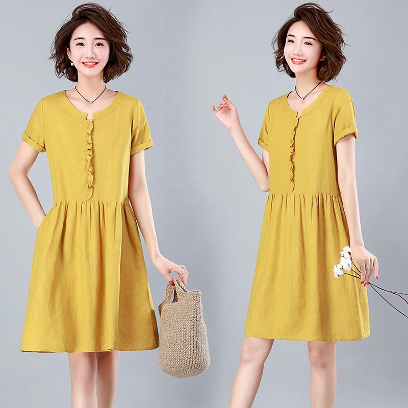 

Flax Dress Women's Mid-length 2019 Summer New Style Korean-style Loose-Fit Elegant Slimming Popular Summer Skirt Fashion
