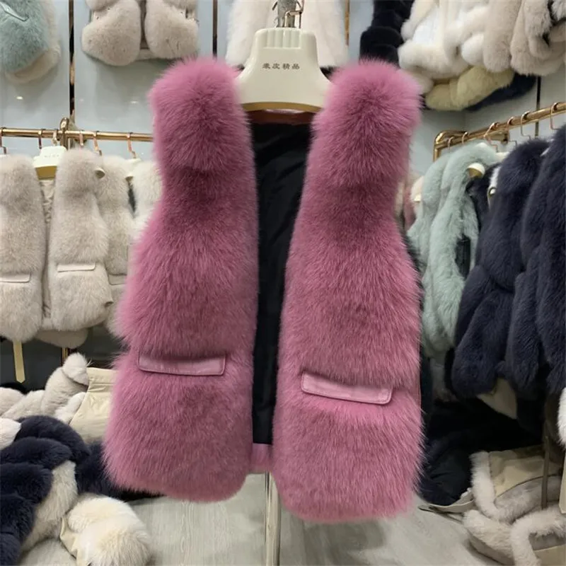 rose red Женский жилет из натурального Лисьего меха, короткий женский зимний жилет из натурального меха, женский короткий жилет из натурального меха - Цвет: rose red