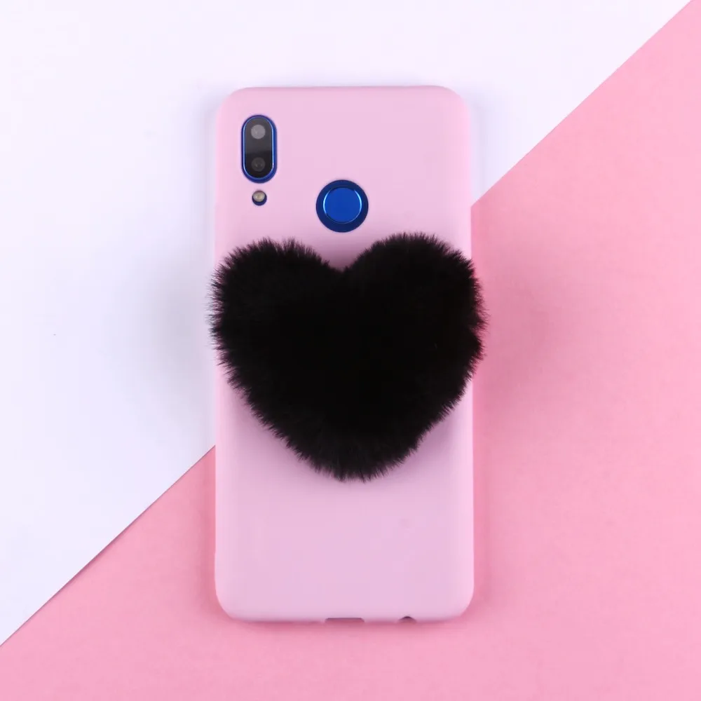 Для Xiaomi mi Red mi Note 5 6 7 8 9 lite Pro Plus пушистый мех сердце Pom мягкий конфетный силиконовый чехол для телефона чехол для мобильного телефона - Цвет: Pink