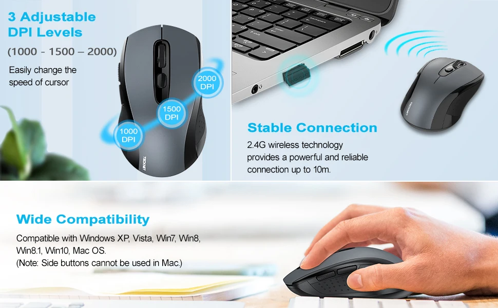 TeckNet 2000 dpi USB оптическая беспроводная компьютерная мышь для ноутбука 2,4 ГГц Беспроводная мышь портативная мини Бесшумная мышь для настольного ПК
