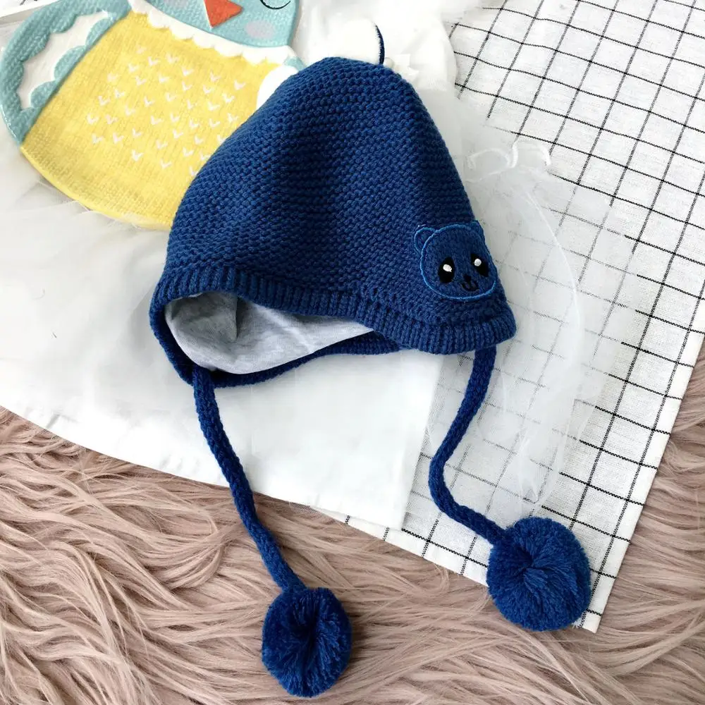 Детские шапочки Skullies Beanies для мальчиков и девочек, зимняя однотонная шапка с мультяшным медведем и помпонами, теплые эластичные модные аксессуары