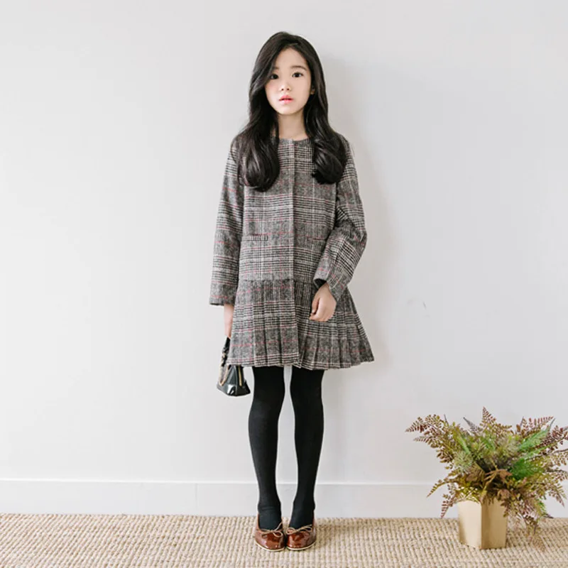 

Girls 2019 Autumn And Winter New Style Mid-length Woolen Jacket Middle And Large Children British Style Plaid Tops Baby Trench C