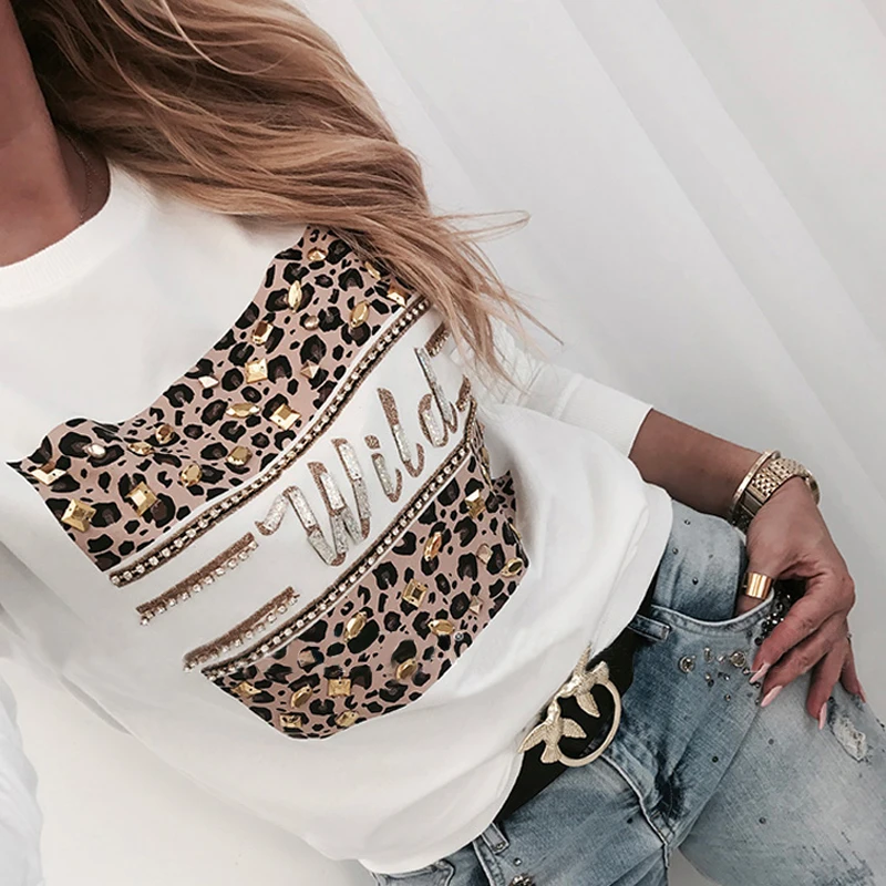 Women Sequins Lips Print Fashionable Sweatshirt Autumn Leopard Long Sleeve Beading Hoodie Lady O-neck Kawaii Sweatshirt Hoodies - Цвет: White