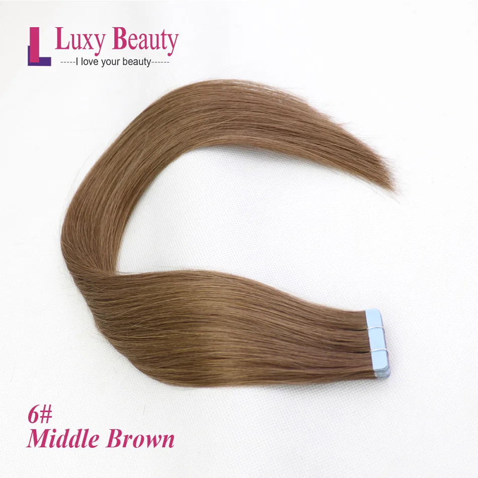 LuxyBeauty# 6 Средне-коричневая лента для наращивания волос Человеческие волосы Реми Прямые двухсторонние уточные волосы на клее 1"- 22" - Цвет: #6