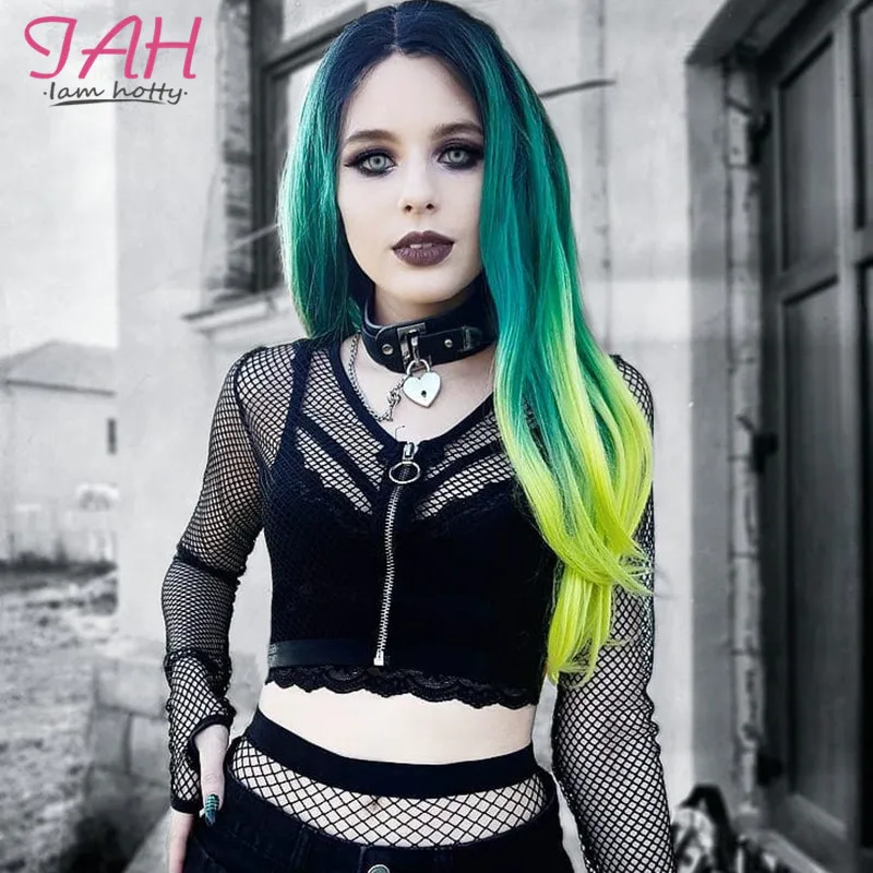 

Iamhotty Summer Shirts For Women Long Sleeve V-Neck Black Mesh Roupas Feminina Transparent Zipper Sexy Club Solid Clothes Tops