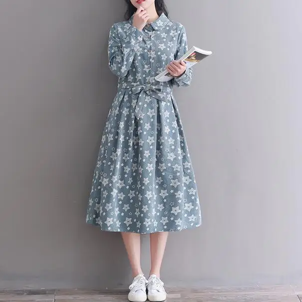 Mori Girl осень весна женское вельветовое платье с отложным воротником зеленое Vestidos