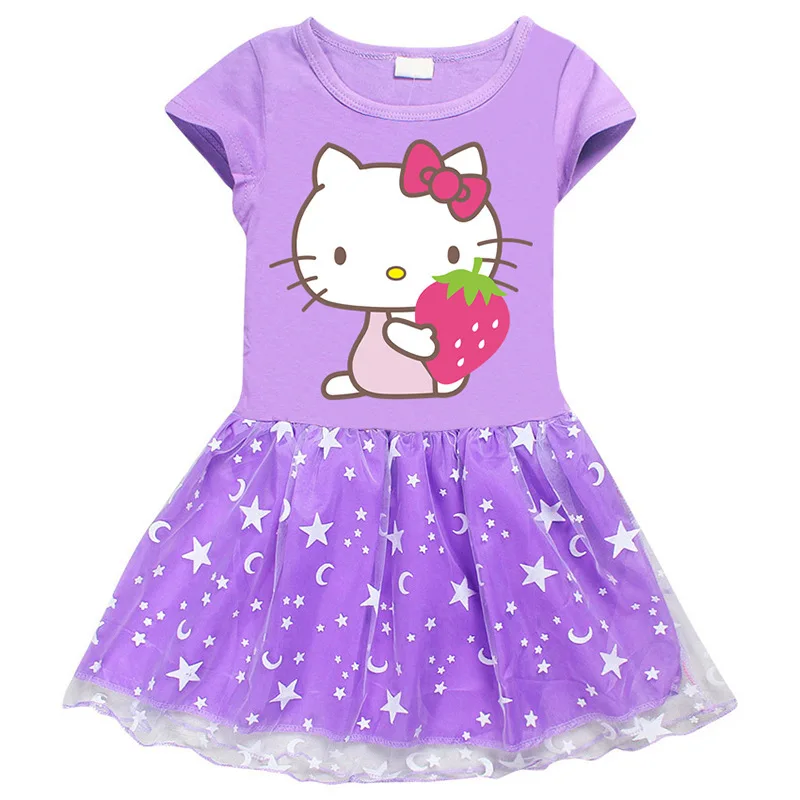 thumbnail image 1 of Hello Kitty nuevo vestido de estilo europeo y americano para niñas falda de princesa de manga corta de hilo de red de estrella y Luna de algodón para niños, 1 of 5