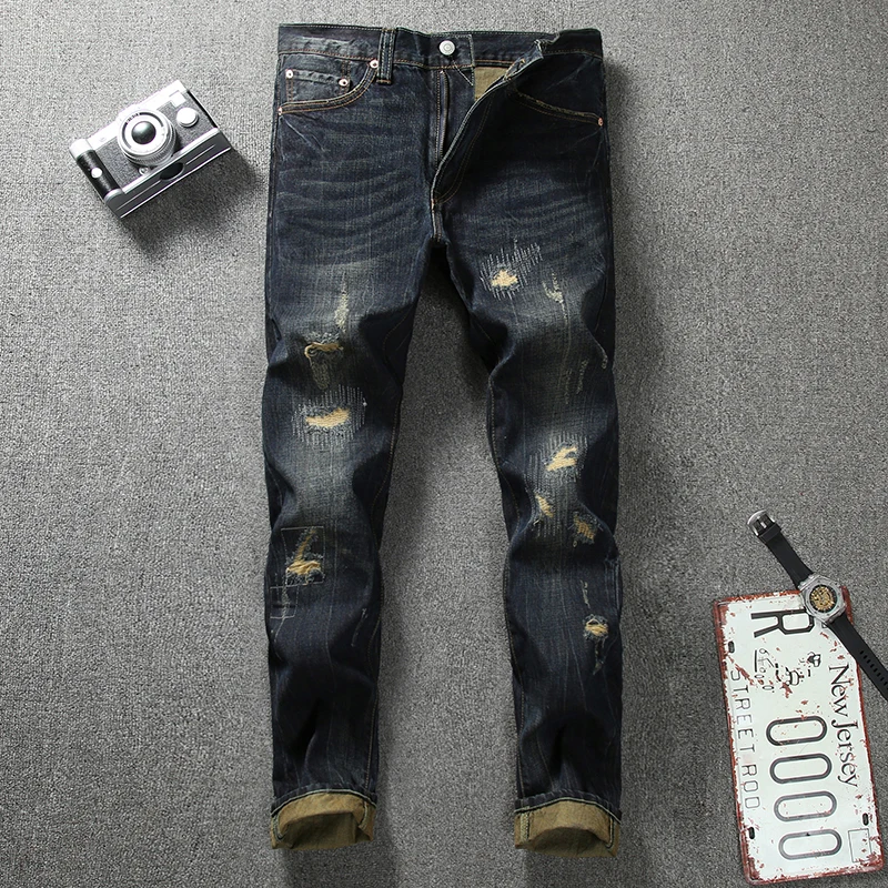 

Vintage Retro Designer Men's Jeans Top Quality Destroyed Biker Jeans Homme Patch Pants Brand Designer Classical Ripped Jeans Men