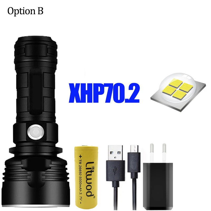 Option B Супер мощный светодиодный фонарь XHP70.2, тактический USB фонарь xhp50, перезаряжаемый фонарь с батареей 18650 26650 для кемпинга, рыбалки - Испускаемый цвет: Option B