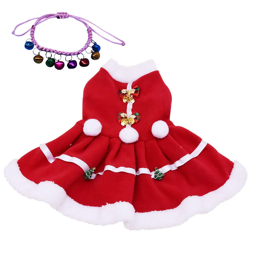 Рождественское платье Милая зимняя одежда для собак Kawaii платье для домашних животных и кошек с колье с колокольчиками рождественское Новогоднее теплое платье для собак - Цвет: Красный