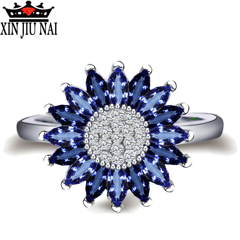 

Classic Blue Daisy Flower Ring Female Bijoux Wedding Bands Pave CZ Crystal Engagement 925 Anillos Silver Ring Indian Jewelry