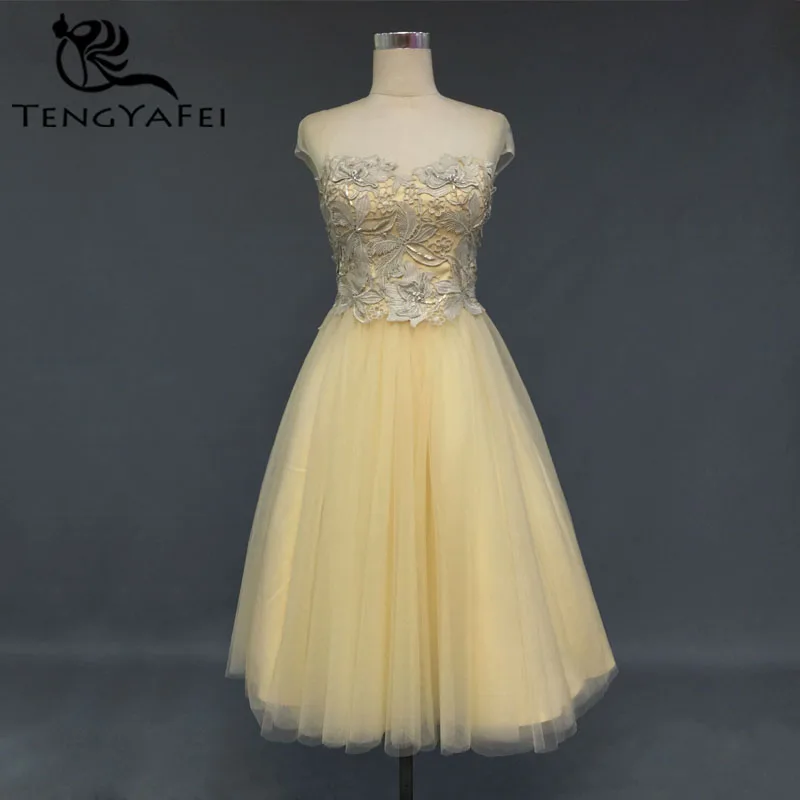 Vestido de noiva короткое платье для выпускного вечера ТРАПЕЦИЕВИДНОЕ кружевное Бисероплетение длиной до колена с коротким рукавом vestido de festa желтые платья подружек невесты