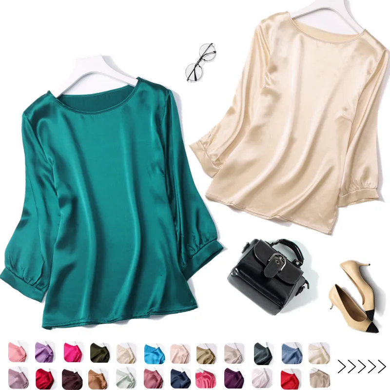 Женская блузка из 100% шелка тутового шелкопряда с коротким рукавом и круглым