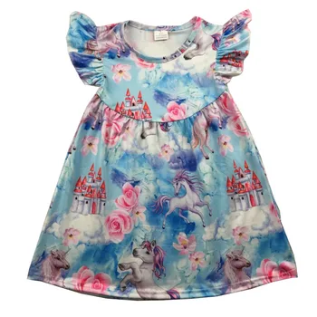 

children cute unicorn castle printed milk silk RTS pearl dress summer kids girl casual dress