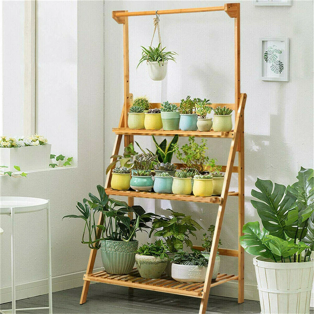 3-Tier Hanging Plant Stand Storage Shelf Folding Flower Pot Organizer Display Storage Rack Adjustable Hanger Rod Bamboo Patio picnic table