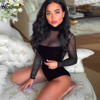 

New Perspective Bodycon Party Bodysuit Mesh Bodysuit Overalls Sexy Jumpsuit Solid Body Feminino With Choker