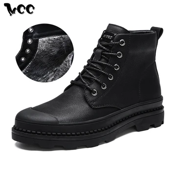 

New Men Tooling Boots with Fur Winter Warm Snow Boots Lace-up High Top Casual Shoes Real Leather Waterproof Retro Solid Black