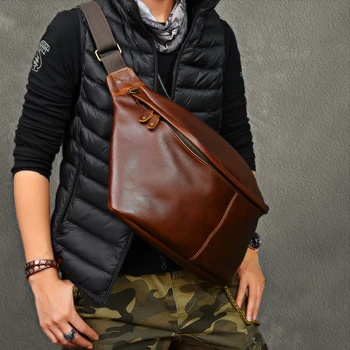 

Soft Leahter Oversized Men's Chest Bag Retro Sports Bag Vintage Leather Large Capacity Men Shoulder Crossbody Bags Male 2020