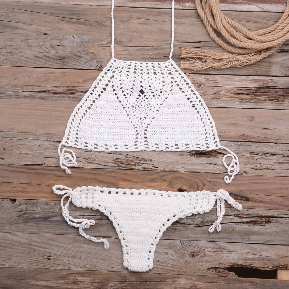 Women Sexy Micro Bikini Set G Thong String Lattice Hollow Bikinis Top Crochet Beach Swimwear Bathing Beachwear Set