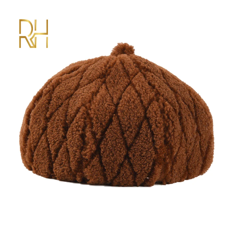 caramel colour Новинка, женские береты, модные шапки из овечьей шерсти, плюшевая шапка с ромбовидным рисунком, осенне-зимняя теплая шапка, французская шапка, 5 цветов,, RH - Цвет: caramel colour