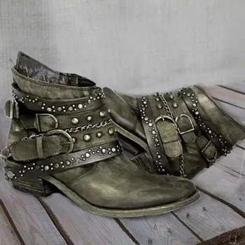 

2020 Autumn New and Winter Boots Women Rivet Chain Ankle Boots Retro Design Thickening Rome Motorcycle Boots Botas De Mujer