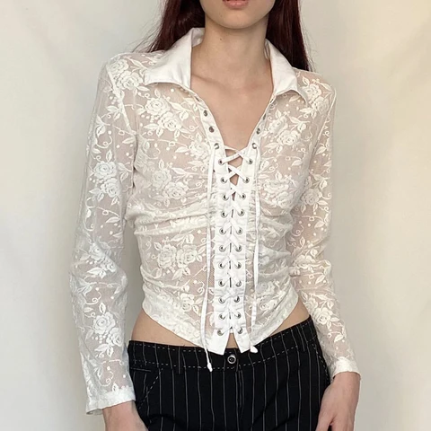 y2k Fairycore Foral Pattern White Shirt Grunge Cute Lace-up Collar Button-up Crop Top Full Sleeve Cardigans Tees Women