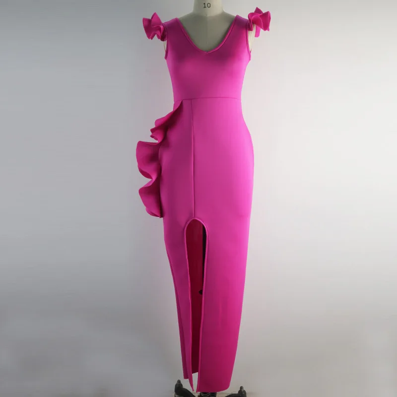OMSJ новое горячее элегантное сексуальное Вечерние неоновое розовое обтягивающее винтажное платье с глубоким v-образным вырезом женское длинное платье без рукавов с оборками Макси платье