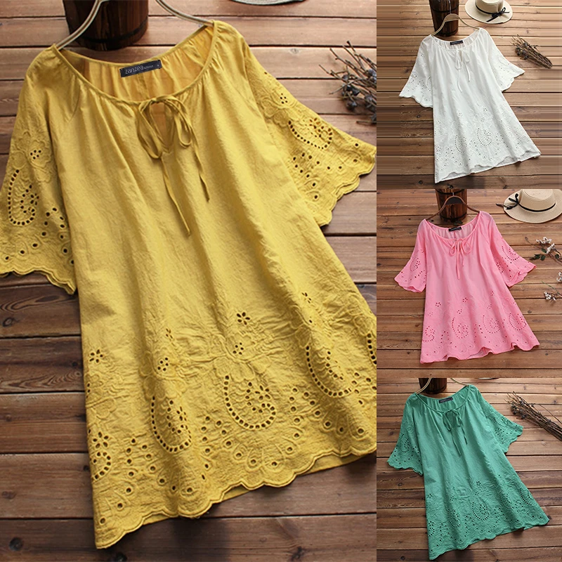 Модная белая блузка для женщин короткий рукав Blusa негабаритных Женский Винтаж Полые Цветочные Вышивка повседневное Однотонная рубашка