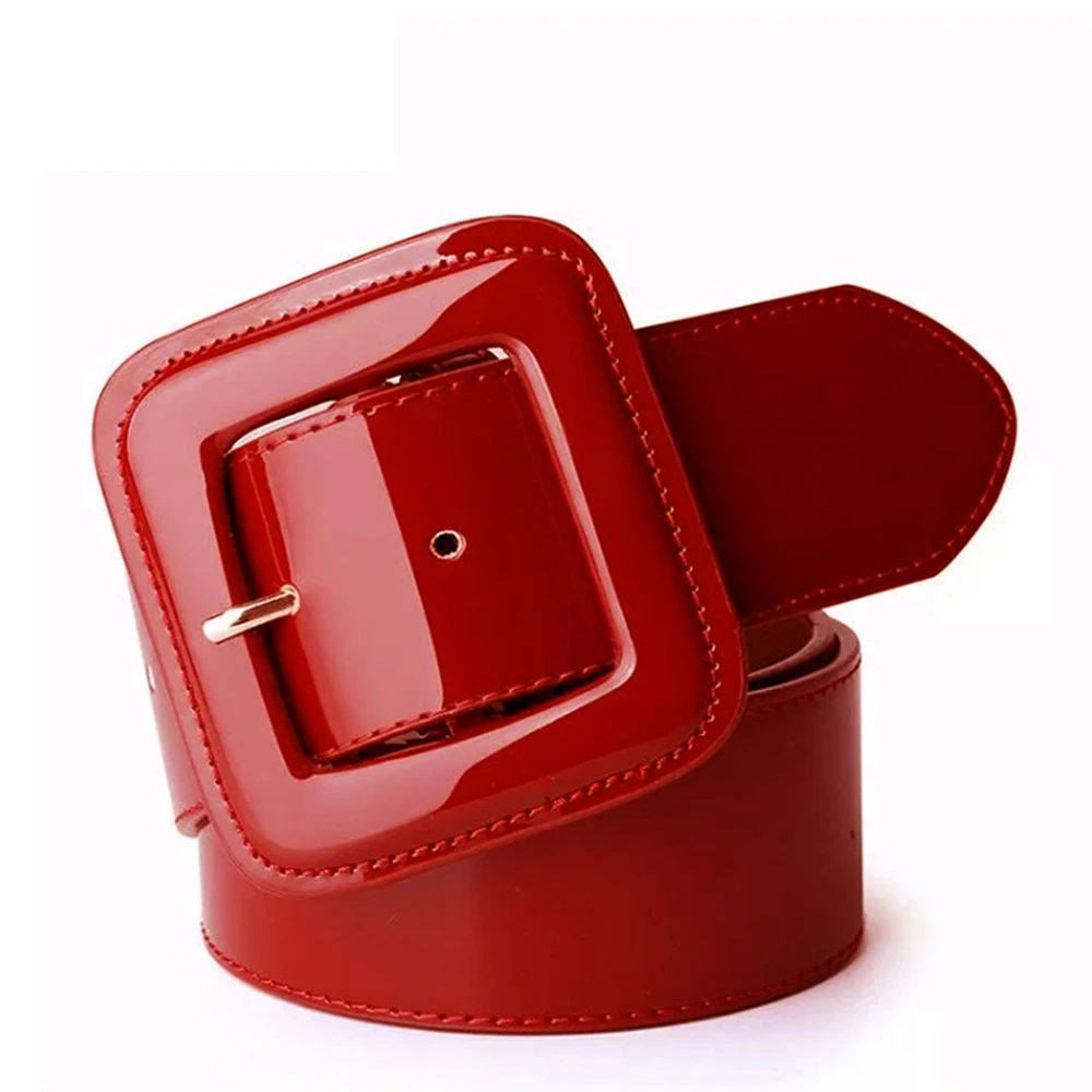 

2020 new hollow wide belt ladies black patent leather belt ladies leather cowhide fashion jeans big buckle square belt dress