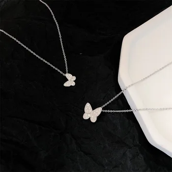 

S925 Fine Silver Butterfly Necklace Female Korean-style Online Celebrity Simple INS Normcore Style Clavicle Necklace