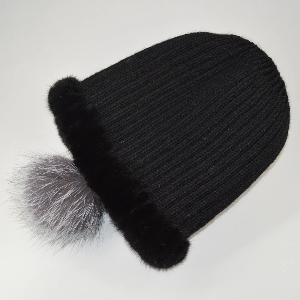 Hot Fashion Winter Warm Women Knitted Real Mink Fur Caps Natural Real Mink Fur Hats Genuine Real Sliver Fox Fur Beanies Hat
