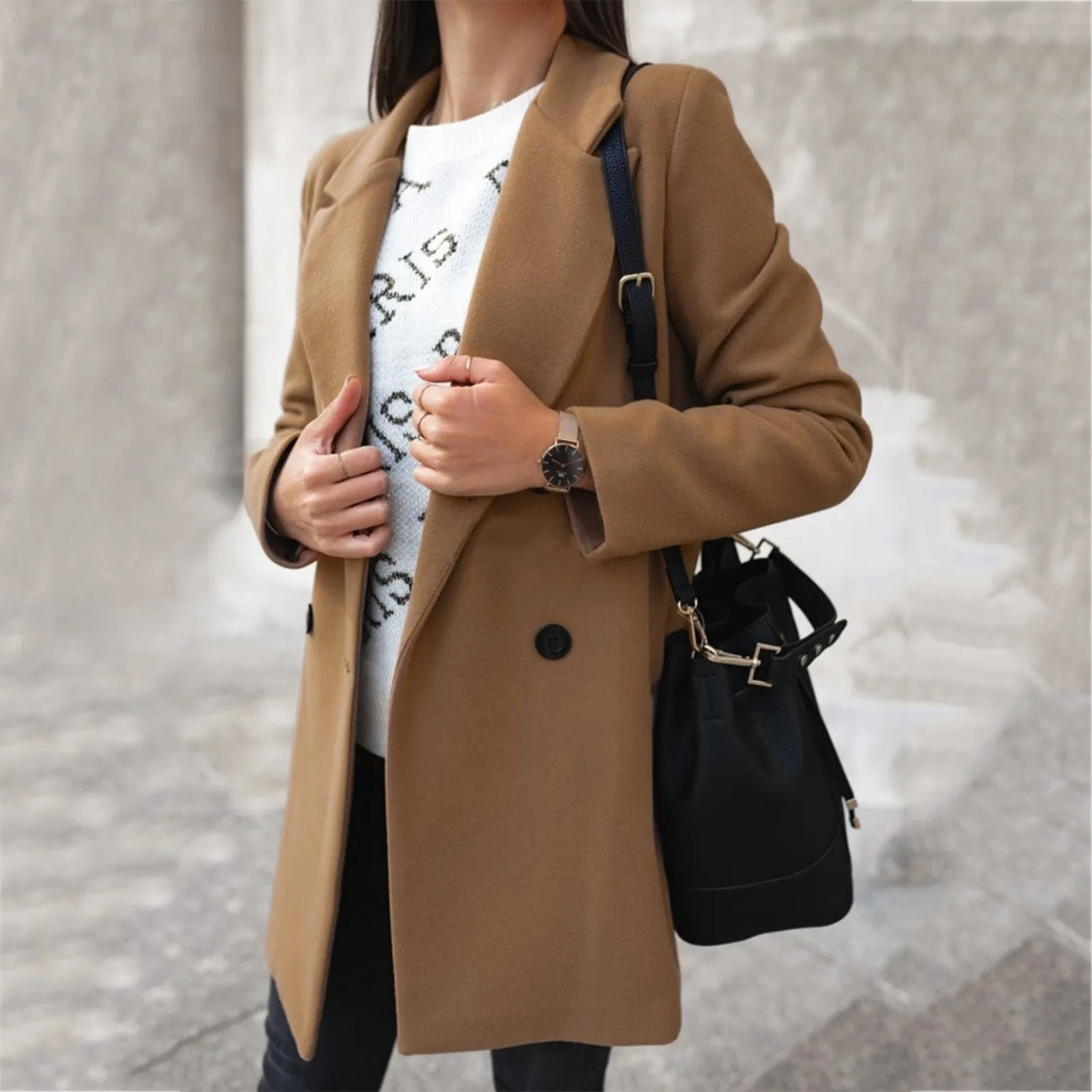 Fashion Women's Long Wool Coat Solid Long Sleeve Double Breasted Tweed Collar Loose Tops Ladies Overcoat Chic Outerwear 1