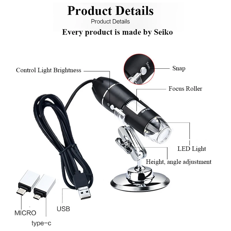 USB микроскоп 500x 1000x 1600x совместимый с USB/type C/Micro USB Биологический микроскоп 8 светодиодный цифровой USB микроскоп для подарка