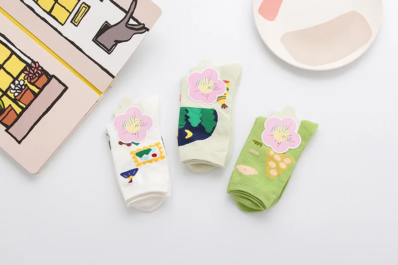 

Women Socks Green Girl Cartoon Avocado Cute Bear Jacquard-Tube Childlike-Spring Doodle
