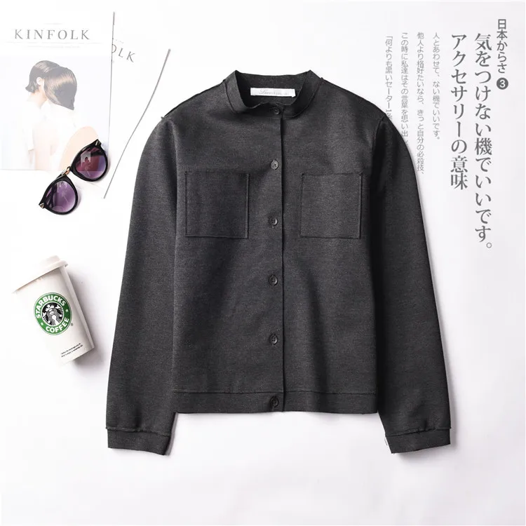 

Spring Candy Color Knitted Roman Cloth Cropped Jacket Stand Collar Long Sleeve Liner Fleece with Elasticity Baseball Uniform Jac