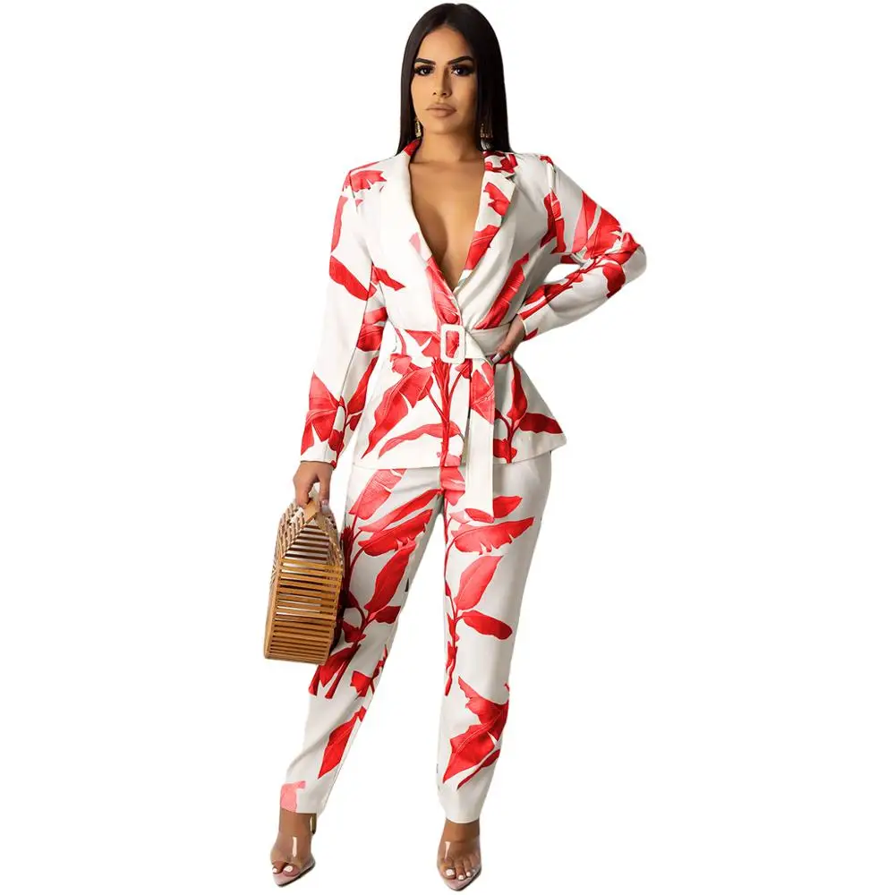 Vintage Women Pant Suit Leaves Print Casual Notched Blazer Jacket & Pant 2020 Autumn Sexy Office Wear Two Piece Set With Belt