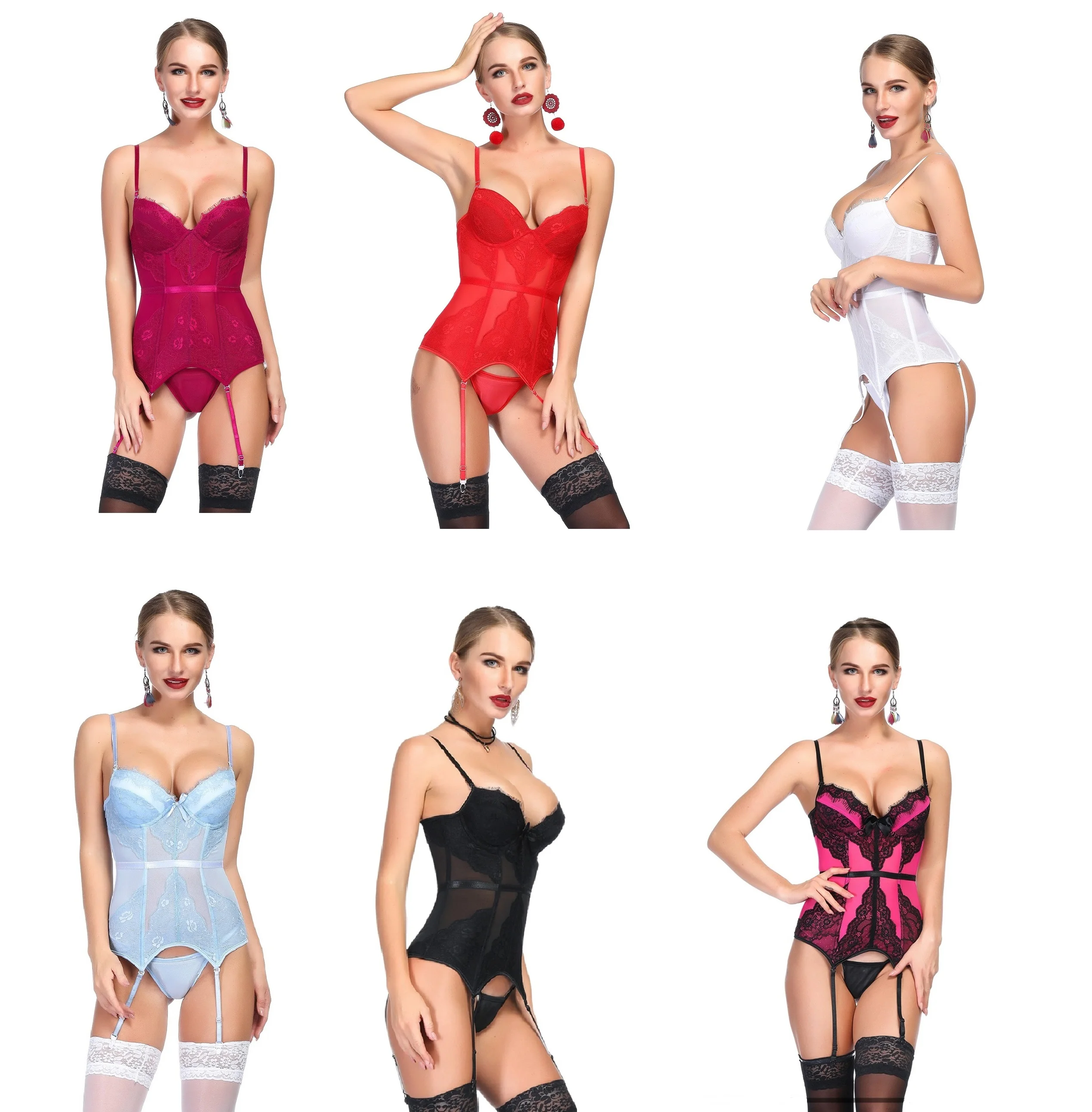 Women sexy Lingerie Bustier Set Basque Temptation Erotic Underwear Transparent Lace Waist trainer Push Up Corset
