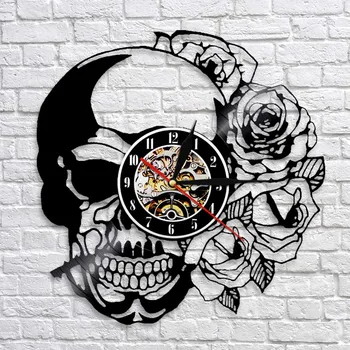 

Skull With Rose Clock Vintage Vinyl Record Wall Clock Decor Punk Skeleton Skull Watch Clock Handmade Wall Art Decor